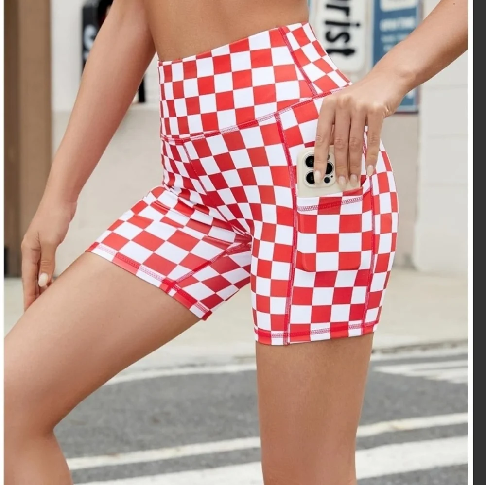 Red and White Checkered Women's High Waisted Athletic Shorts With Pockets - Picture 3 of 3